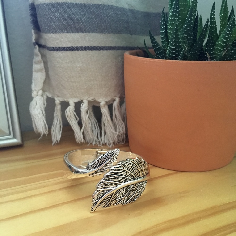 Silver colored boho leaf cuff